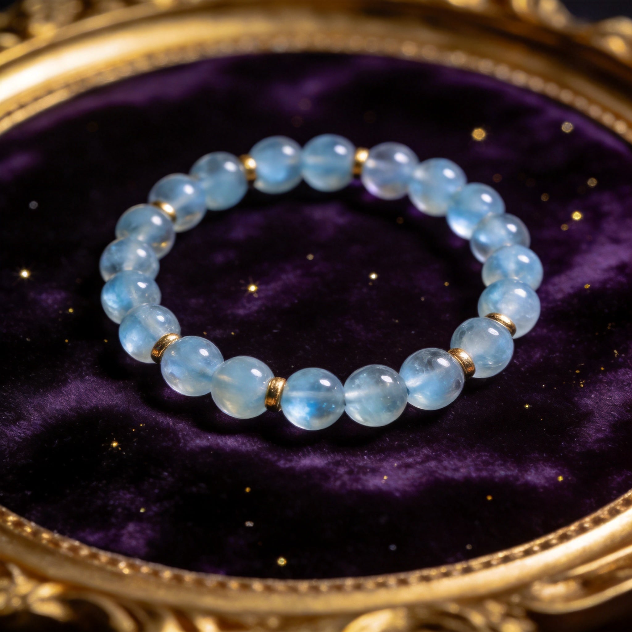 Aquamarine natural stone bracelet on dark velvet