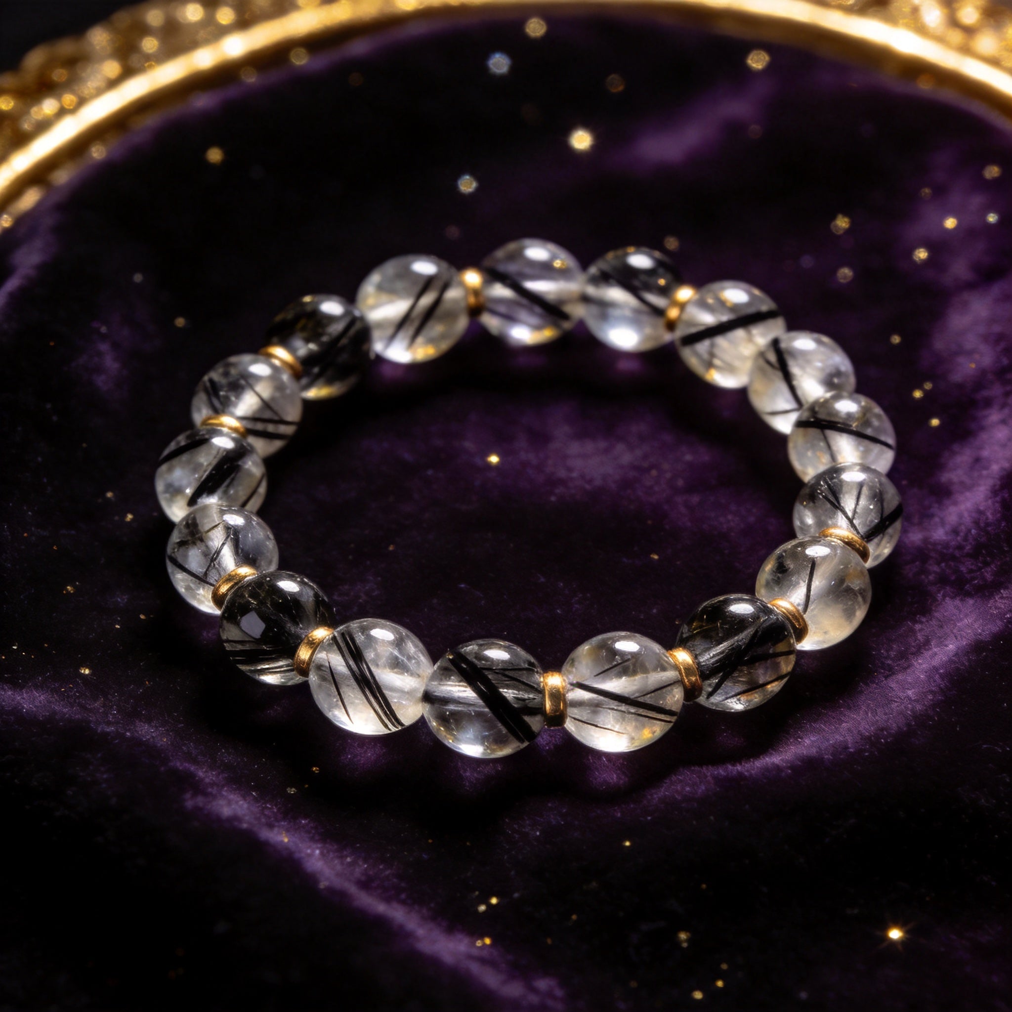 Black Rutilated Quartz natural stone bracelet on dark velvet
