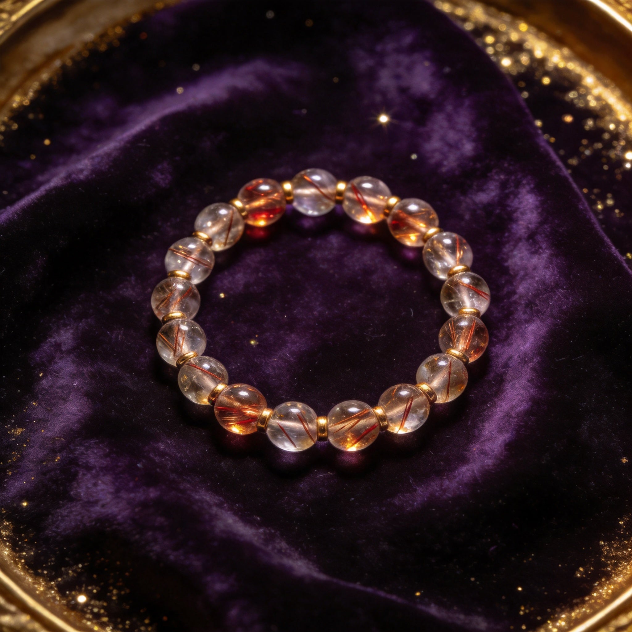 Red Rutilated Quartz natural stone bracelet on dark velvet
