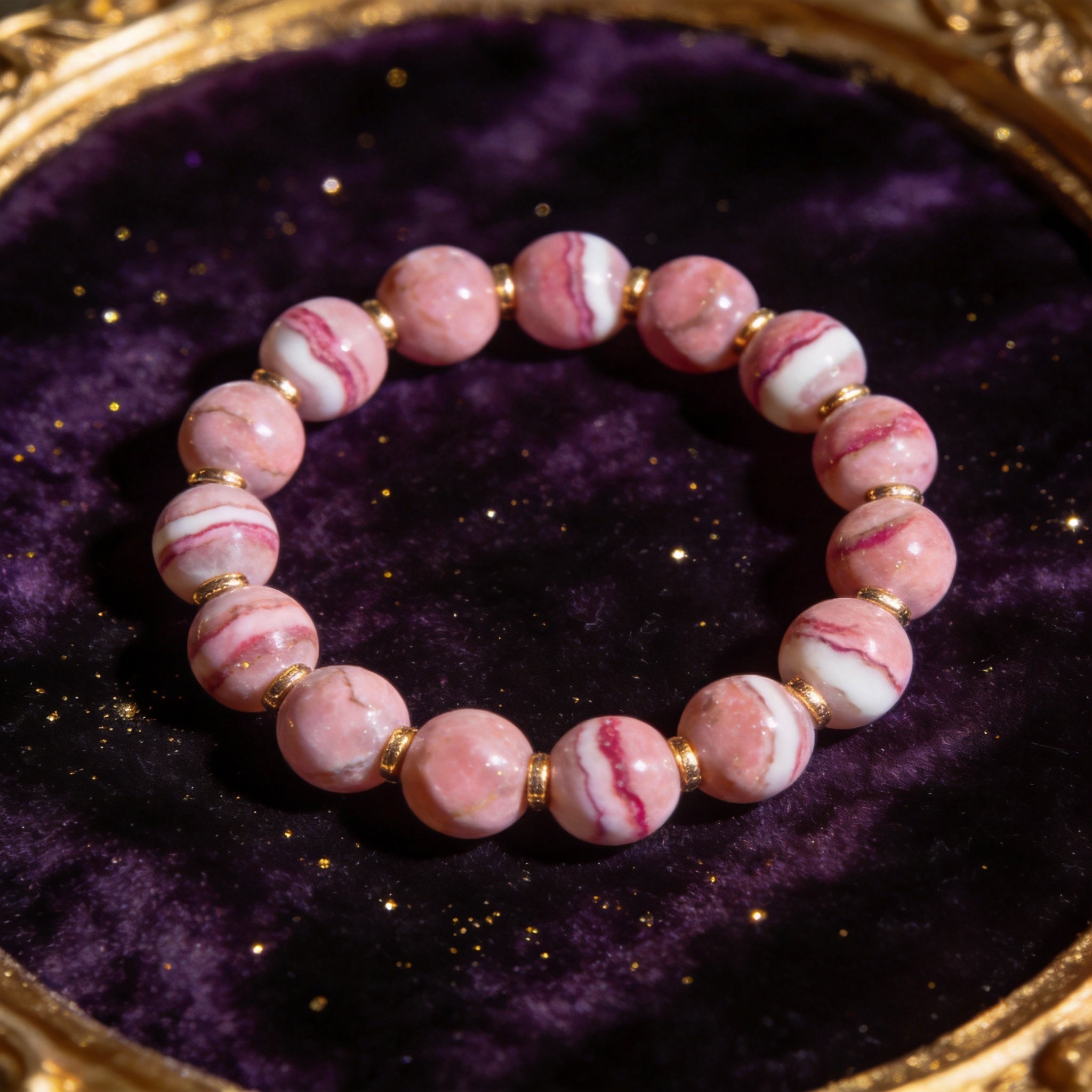 Rhodochrosite natural stone bracelet on dark velvet