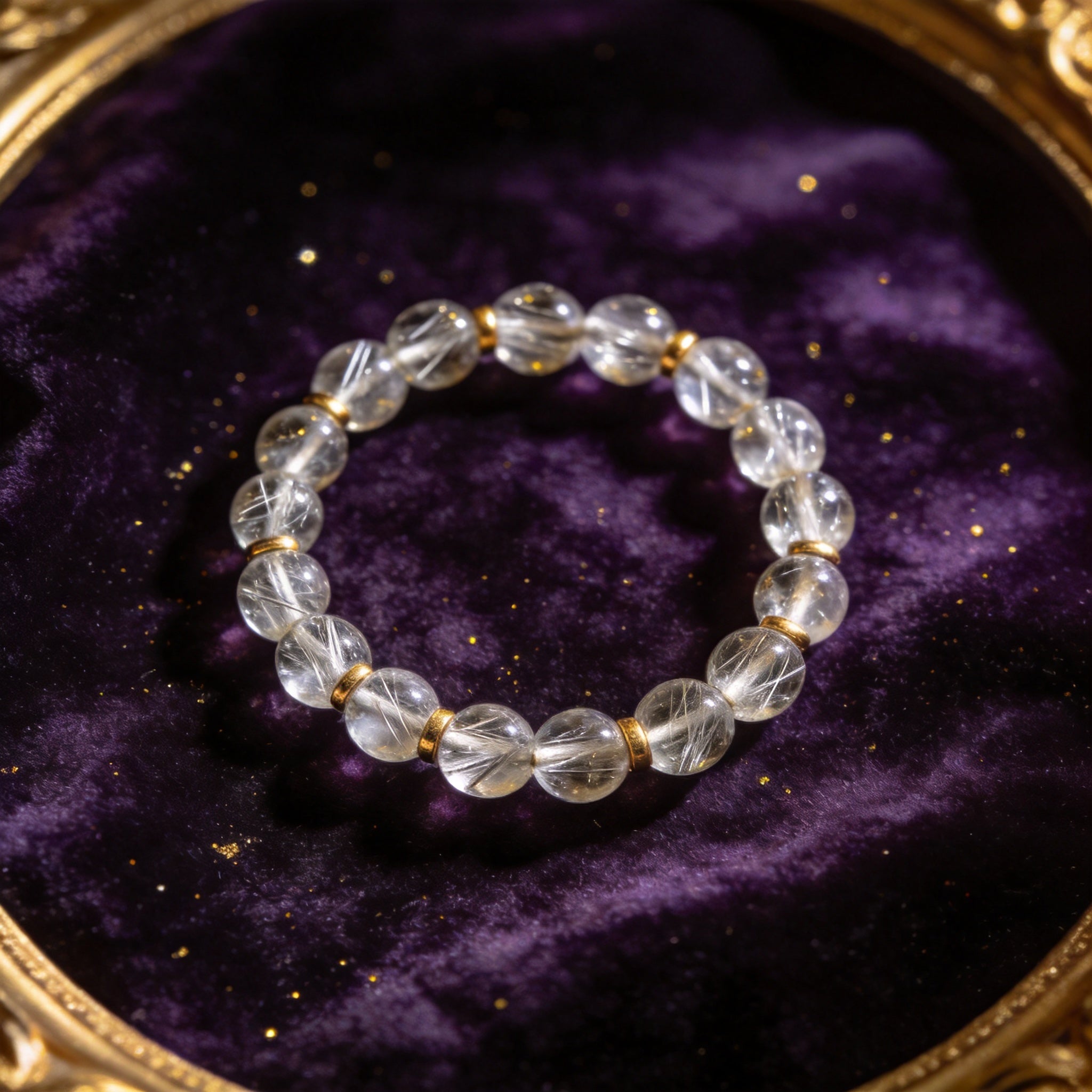 Silver Rutilated Quartz natural stone bracelet on dark velvet