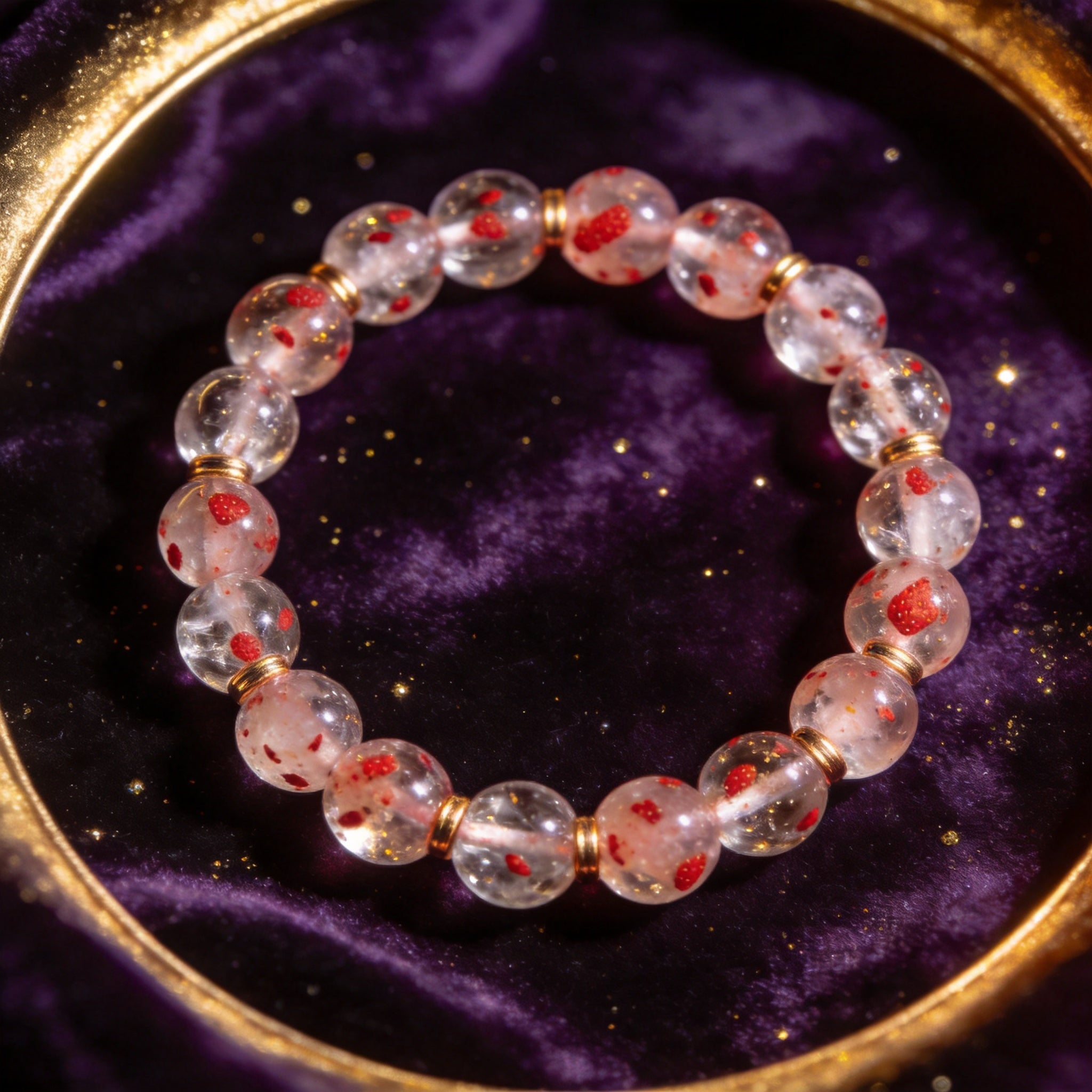 Strawberry Quartz natural stone bracelet on dark velvet