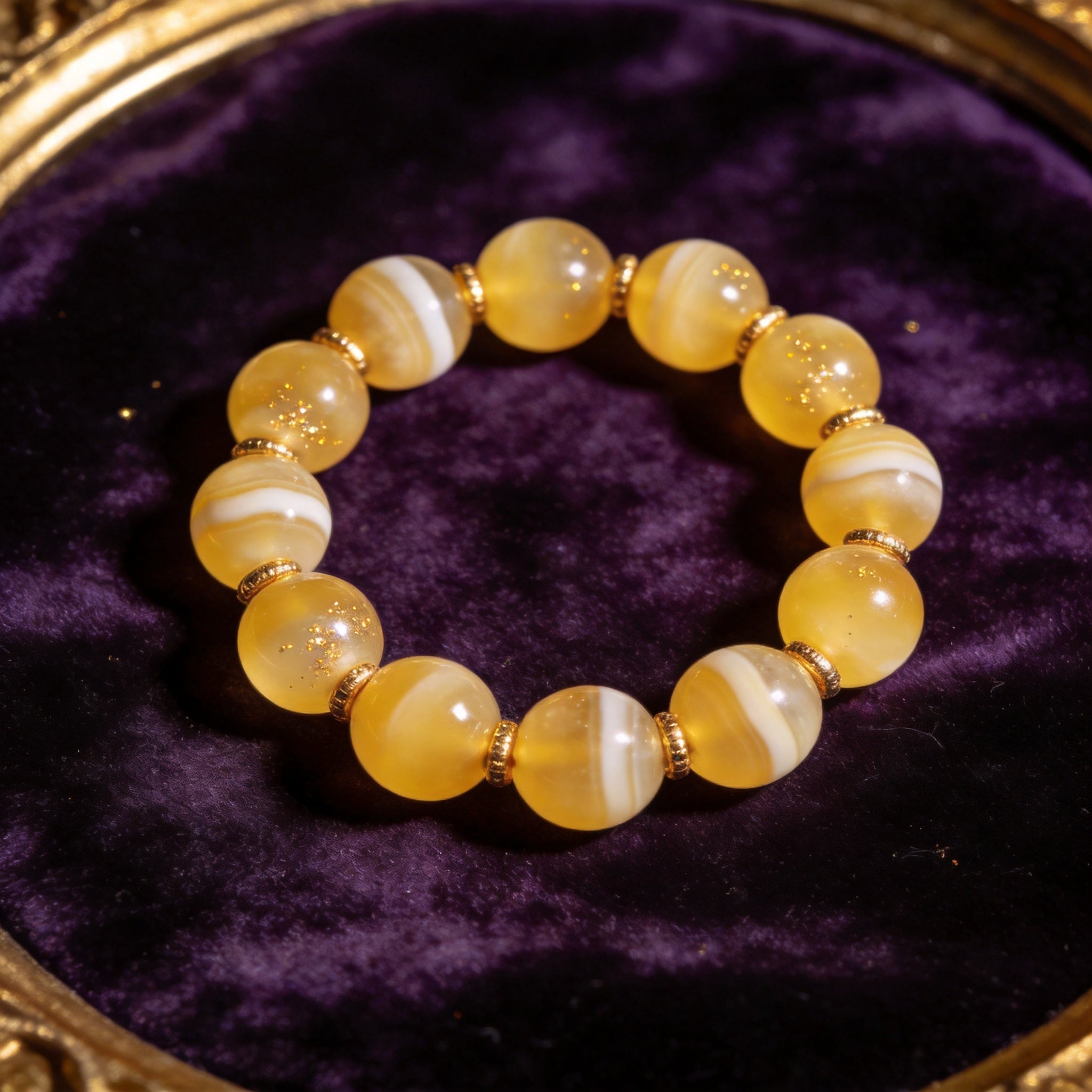 Yellow Agate natural stone bracelet on dark velvet